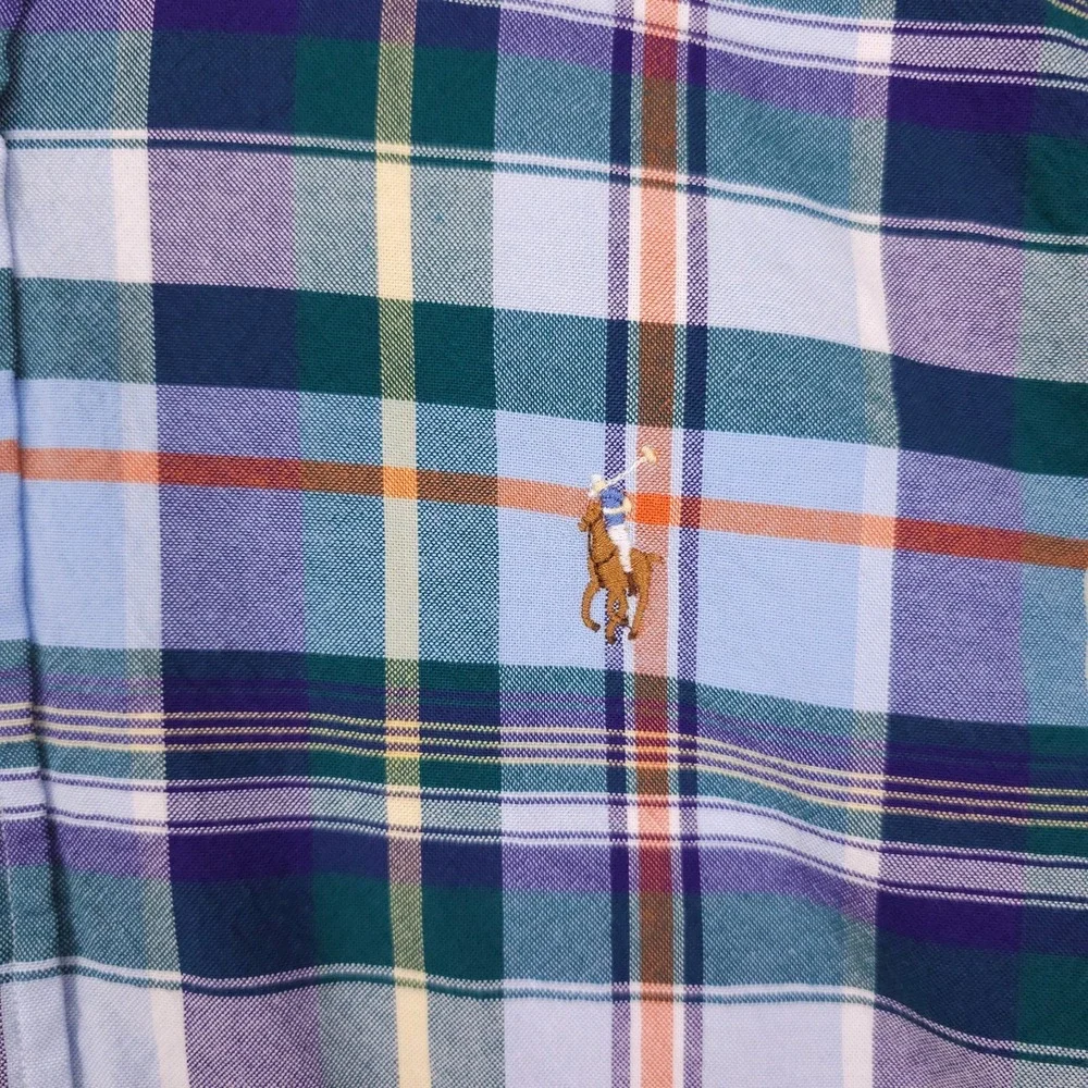 Polo Ralph Lauren Oxford Shirt Mens Medium Blue Plaid Slim Fit Stretch Button